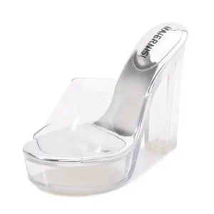 Vanilashoe Women Fashion Plus Size Transparent Crystal Chunky Heel Platform High