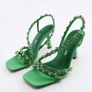 Vanilashoe Women Fashion Plus Size Sexy Rhinestone Strap Square Toe Heeled Sandals