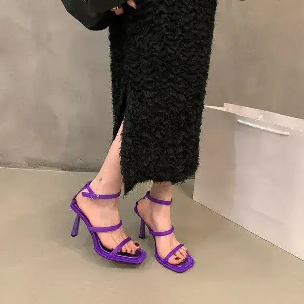 Vanilashoe Women Fashion Sexy Simple Strap Square Toe Heeled Sandals
