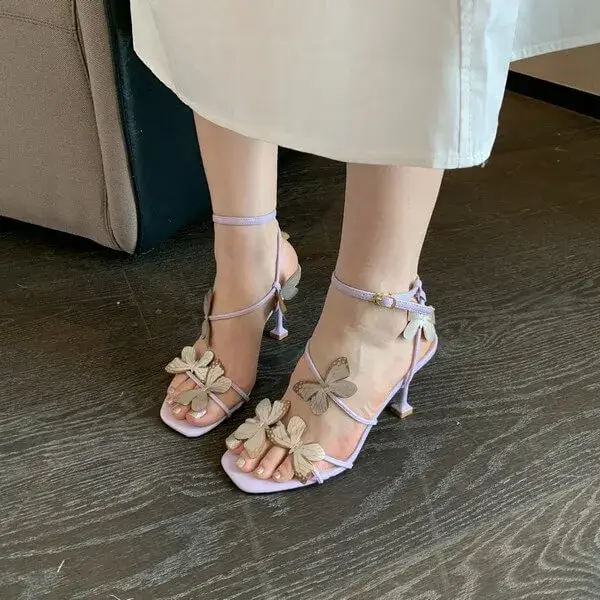 Vanilashoe Summer Women Fashion Sexy Butterfly Square Toe Heeled Sandals