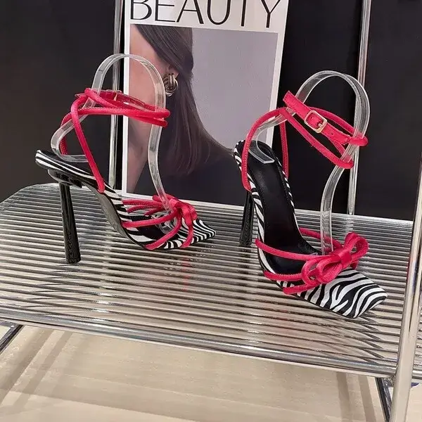 Vanilashoe Women Fashion Casual Lace-Up Bow Color Blocking Stiletto Heel Sandals