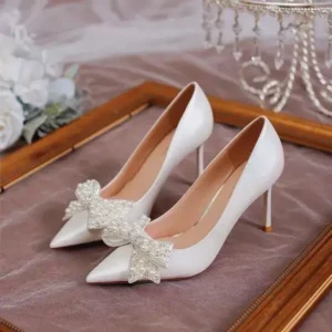 Vanilashoe Women Fashion Sexy Pointed Satin Pearl Pointed Toe Shoes