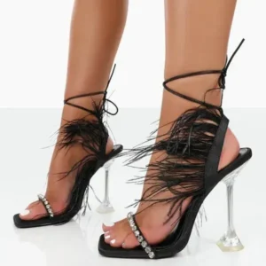 Vanilashoe Women Fashion Sexy Rhinestone Feather Decorative Solid Color High Heel Sandals Shoes