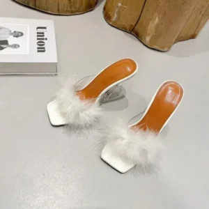 Vanilashoe Women Fashion Sexy Feather Decoration Solid Color Chunky High Heel Slippers Shoes