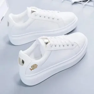 Vanilashoe Women Casual Fashion Rose Embroidery Thick-Soled Comfortable PU Leather White Sneakers