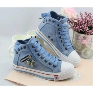 Vanilashoe Women Casual Spring Zipper Decor Lace-Up High Top Denim Canvas Sneakers