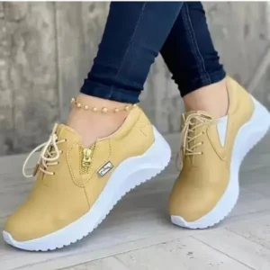 Vanilashoe Women Casual Round Toe Low Cut Lace-Up PU Side Zipper Design Solid Color Sneakers