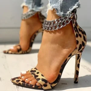 Vanilashoe Women Sexy Metal Chain Buckle Ankle Strap Animal Printed High Heels