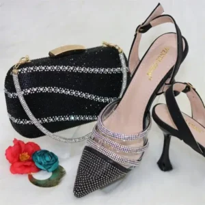 Vanilashoe Women Classic Black Pointed Shoes Transparent Pvc Rhinestone Chain Square Hand Bag Set