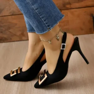 Vanilashoe Summer Women Fashion Casual Plus Size Solid Color Pointed Toe Metal Buckle Sling Back High Heel Sandals