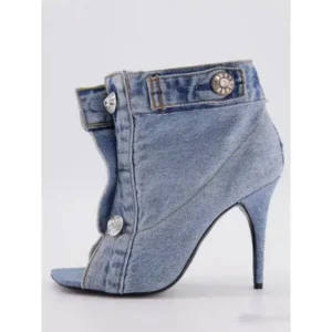 Vanilashoe Women Fashion High Heel Denim Button High Top Boots