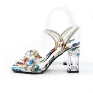 Vanilashoe Women Fashion Sexy PU Rhinestone Floral Printed Square Toe Chunky Heel ?Sandals