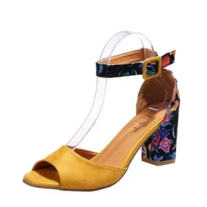 Vanilashoe Women Fashion Sexy PU Floral Printed Peep Toe Chunky Heel Ankle Strap Buckle Sandals