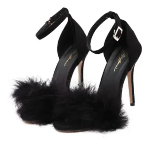 Vanilashoe Women Fashion Sexy PU Solid Color Feather Peep Toe Stiletto Heel Ankle Strap Buckle Sandals