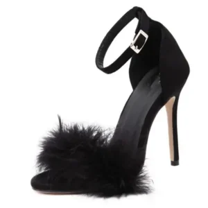 Vanilashoe Women Fashion Sexy Solid Color Feather Peep Toe Stiletto Heel Ankle Strap Buckle Sandals