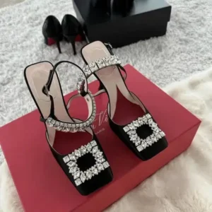 Vanilashoe Women Fashion Elegant PU Square Toe Rhinestone Stiletto Heel Ankle Strap Buckle Sandals