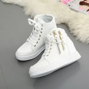 Vanilashoe Women Fashion Solid Color Side Zipper Lace-Up Round Head Thick-Soled Sneakers