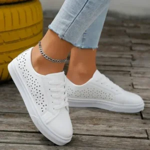 Vanilashoe Women Fashion Solid Color Plus Size Hollow Lace-Up Round-Toe Sneakers