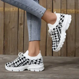 Vanilashoe Summer Women Fashion Casual Geometric Print Fly-Woven Lace-Up Sneakers