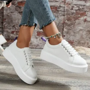 Vanilashoe Women Fashion Solid Color Round-Toe Lace-Up Thick-Soled Sneakers