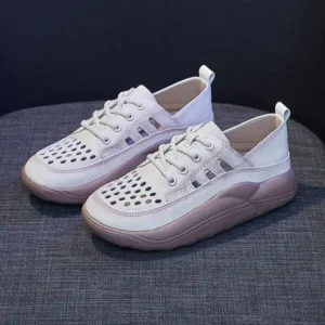 Vanilashoe Women Fashion Casual Solid Color PU Lace-Up Hollow Breathable Sneakers