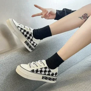 Vanilashoe Women Fashion Platform Checkerboard Canvas Sneakers