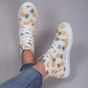 Vanilashoe Women Fashion Round Toe Lace-Up Pineapple Strawberry Flat Sneakers