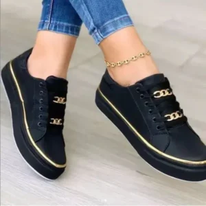 Vanilashoe Women Thick Bottom Chain Casual Round Toe Fashion Pu Sneakers