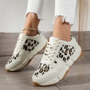 Vanilashoe Women Fashion Round Toe Stitching Lace Up Low Top Leopard Sports Sneakers